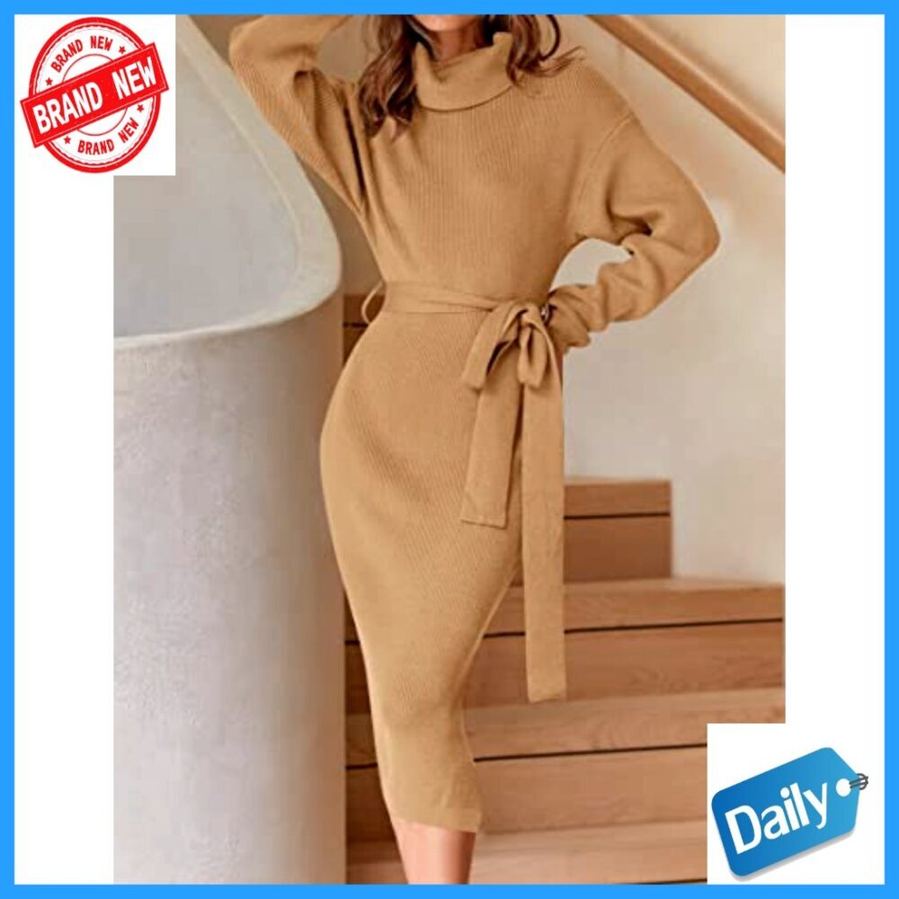 Long Sleeve Turtleneck Sweater Dress Midi Bodycon Ribbed Knit Belted - Picture 3 of 7